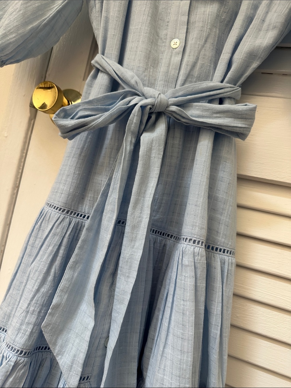 Veronica Beard Powder Blue V-Neck Tiered Midi Dress with Puff Sleeves - Picture 2 of 5